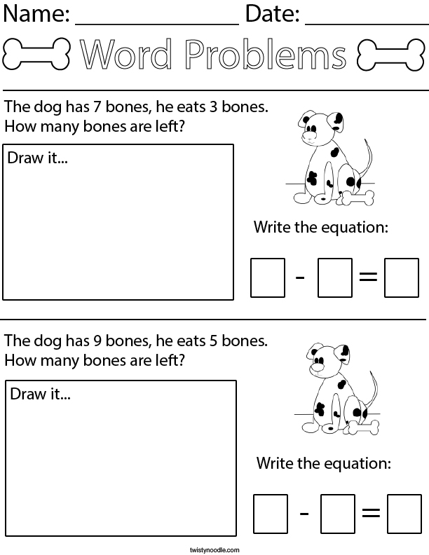 Dog Subtraction Word Problem Math Worksheet Twisty Noodle
